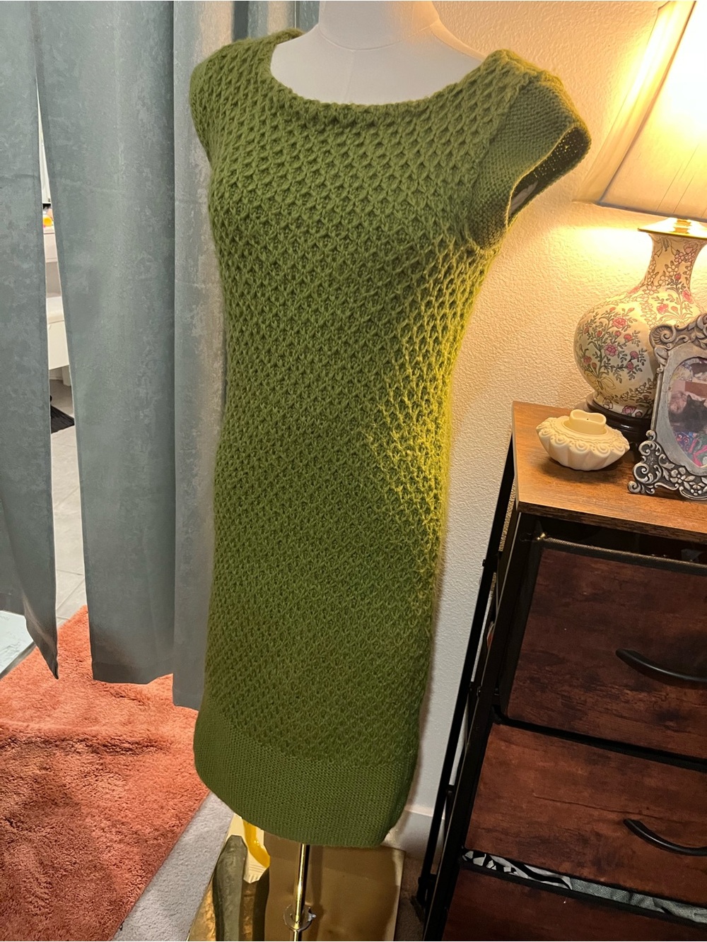 Handmade 50s or 60s vintage Olive Green Knit Sheath Dress size L